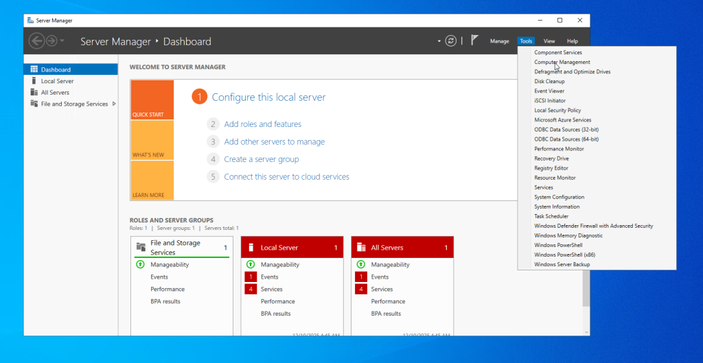 Windows Server Computer Management password change screen