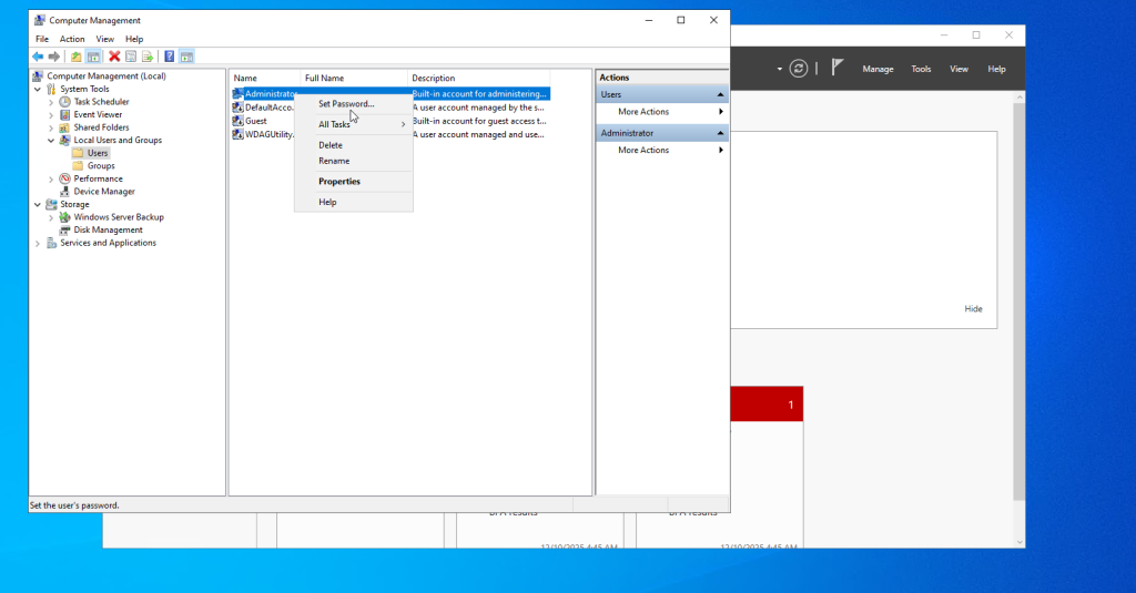 Windows Local Users and Groups Administrator password window