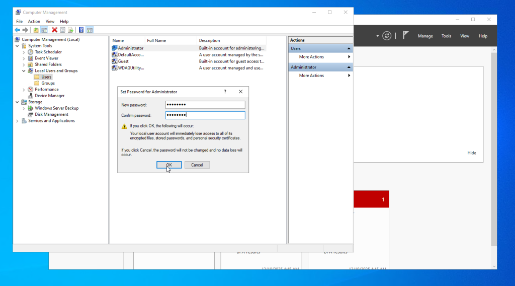 Windows Server password set confirmation